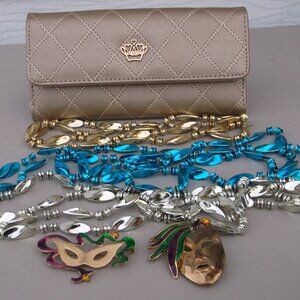 Gold Wallet + Mardi Gras Mask Pins & Beads Bundle — Festive & Functional